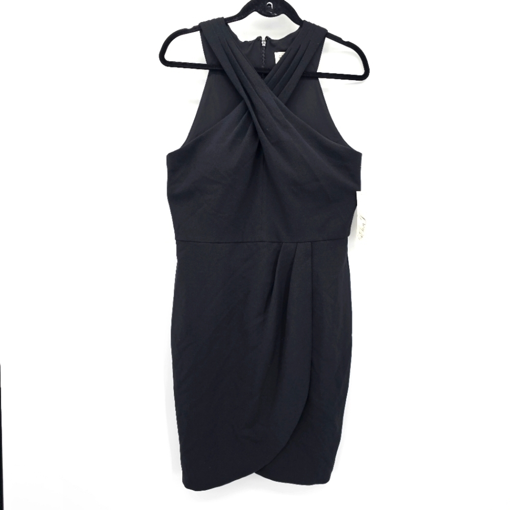 Eliza J black crepe crisscross neck faux wrap cocktail dress women's 12 New